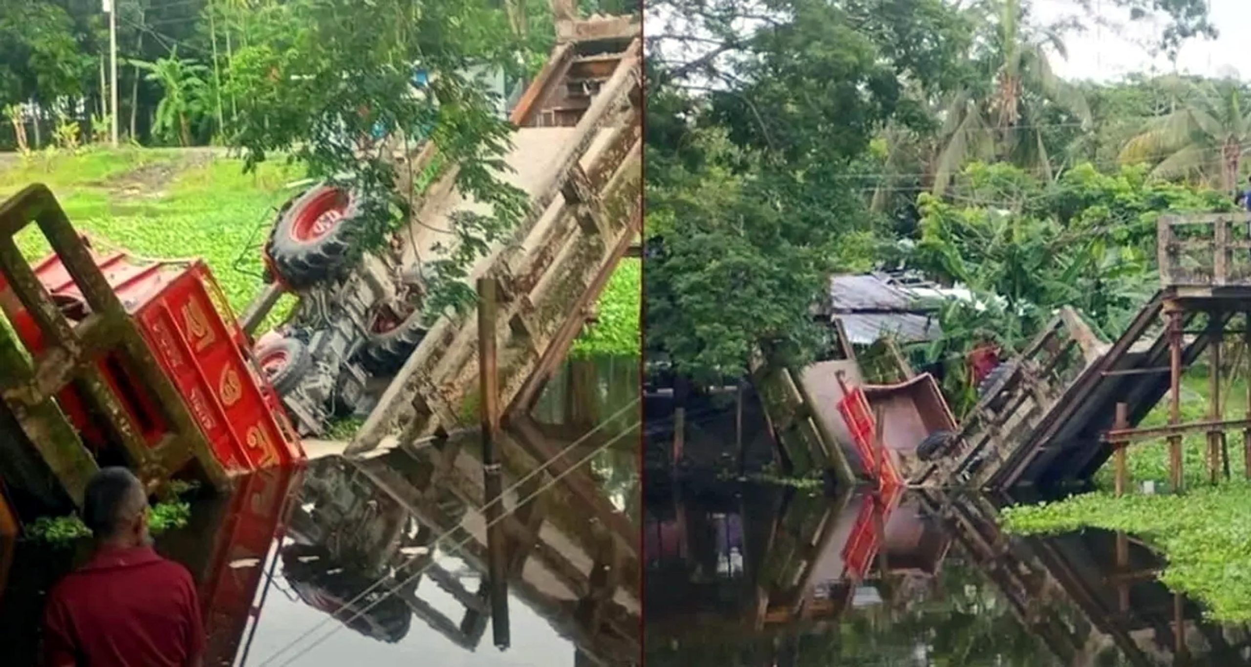 লালমোহনে ব্রিজ ভেঙে বালুবাহী ট্রাক খালে